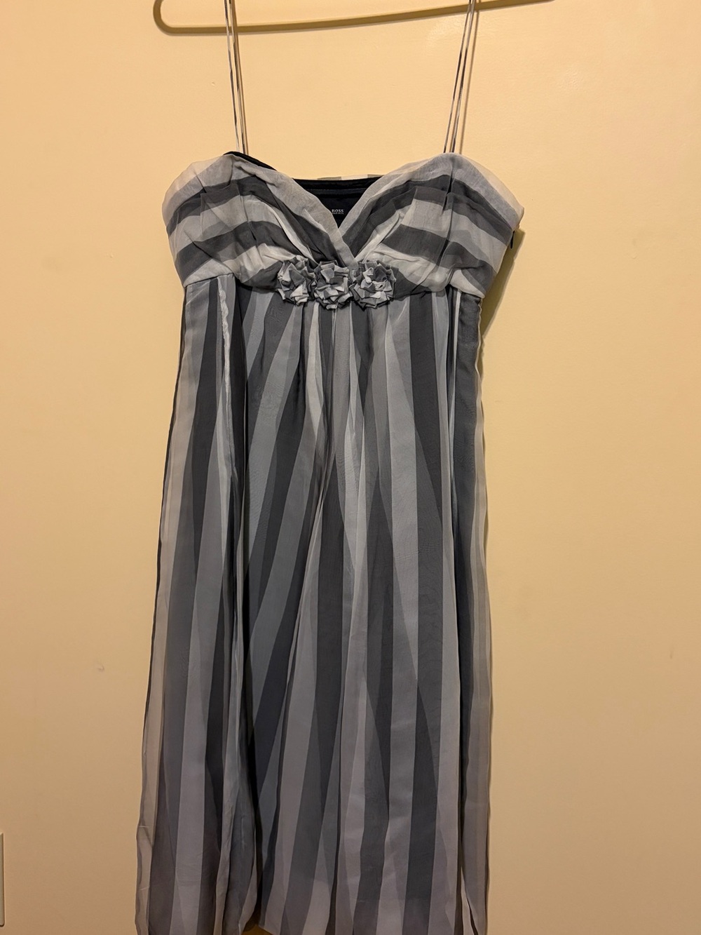 Boss Strapless Gray and White Vertical-Stripe Dress